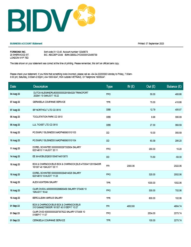 Modèle Word et PDF de déclaration commerciale de la Banque pour l'investissement et le développement du Vietnam (BIDV)